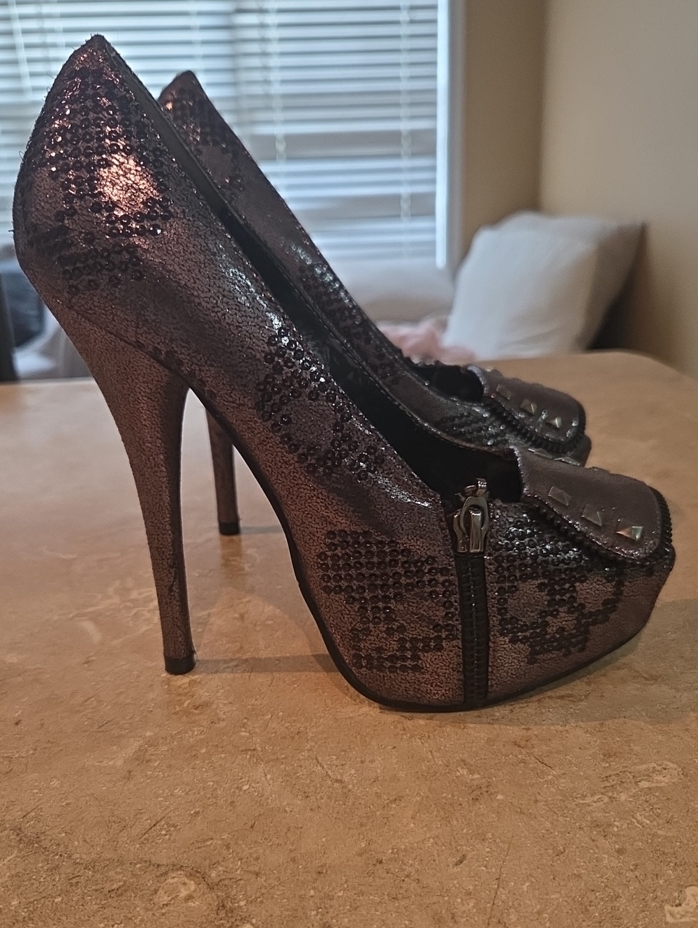 Sequined Stiletto Platform Heels in Metallic Charcoal